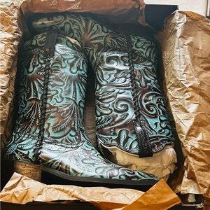 Patricia Nash Teal and Brown Western Heeled Boots